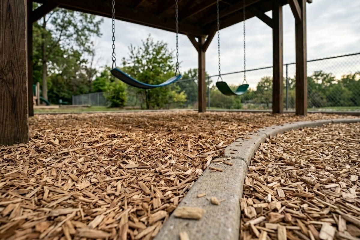 Impact-absorbing rubber mulch, engineered wood fiber, and pea gravel under a play structure for child safety.