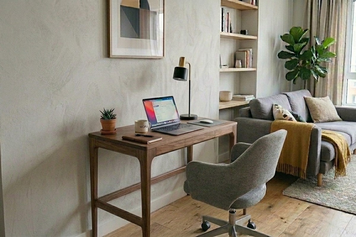 Sleek console table acting as a dual-purpose desk by day and decorative surface by night in a modern living room.