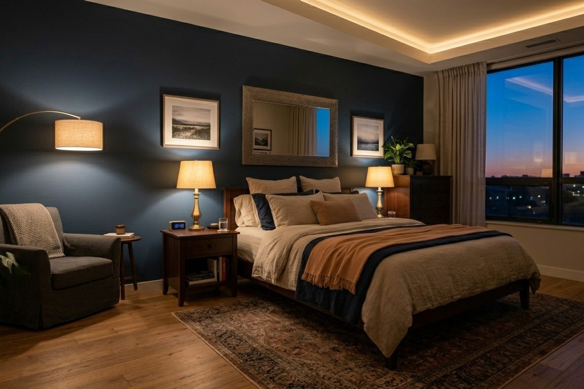 Layered bedroom lighting with dimmable bedside lamps and a floor lamp for an intimate atmosphere.