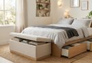 Multi-functional ottoman with hidden storage and bed with built-in drawers in a small bedroom