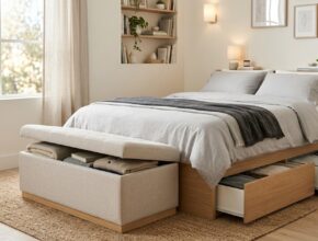 Multi-functional ottoman with hidden storage and bed with built-in drawers in a small bedroom
