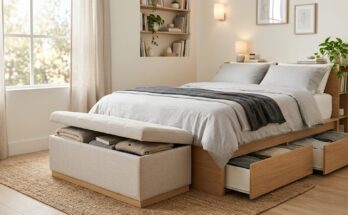 Multi-functional ottoman with hidden storage and bed with built-in drawers in a small bedroom