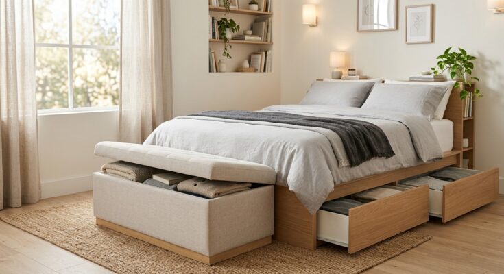 Multi-functional ottoman with hidden storage and bed with built-in drawers in a small bedroom