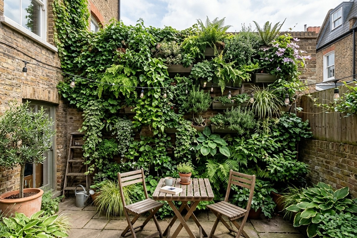 Lush vertical garden on a wall in a small backyard, featuring climbing vines and wall-mounted planters.