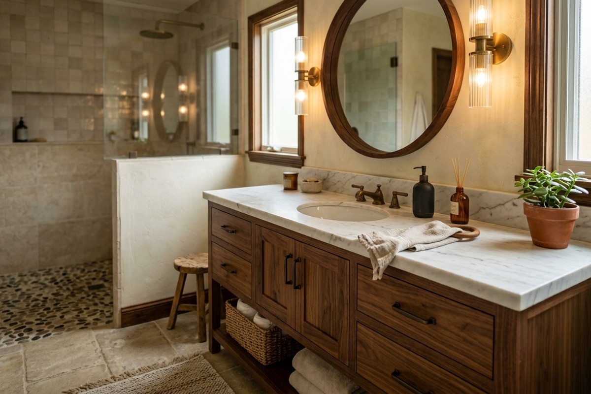 Luxurious bathroom with a rich wooden vanity, honed marble countertop, and natural stone pebbles.