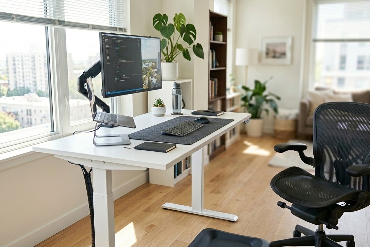 An ergonomic home office setup with a supportive office chair, monitor at eye level, and a standing desk.