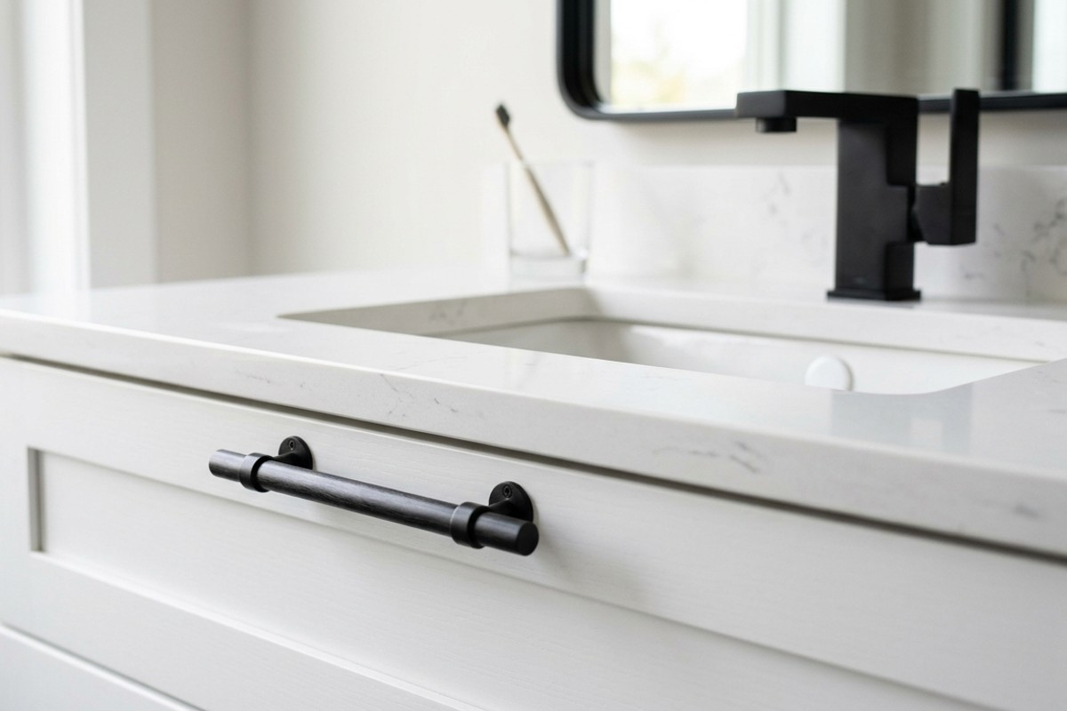 Modern matte black cabinet pulls and brushed gold faucet in a refreshed bathroom.