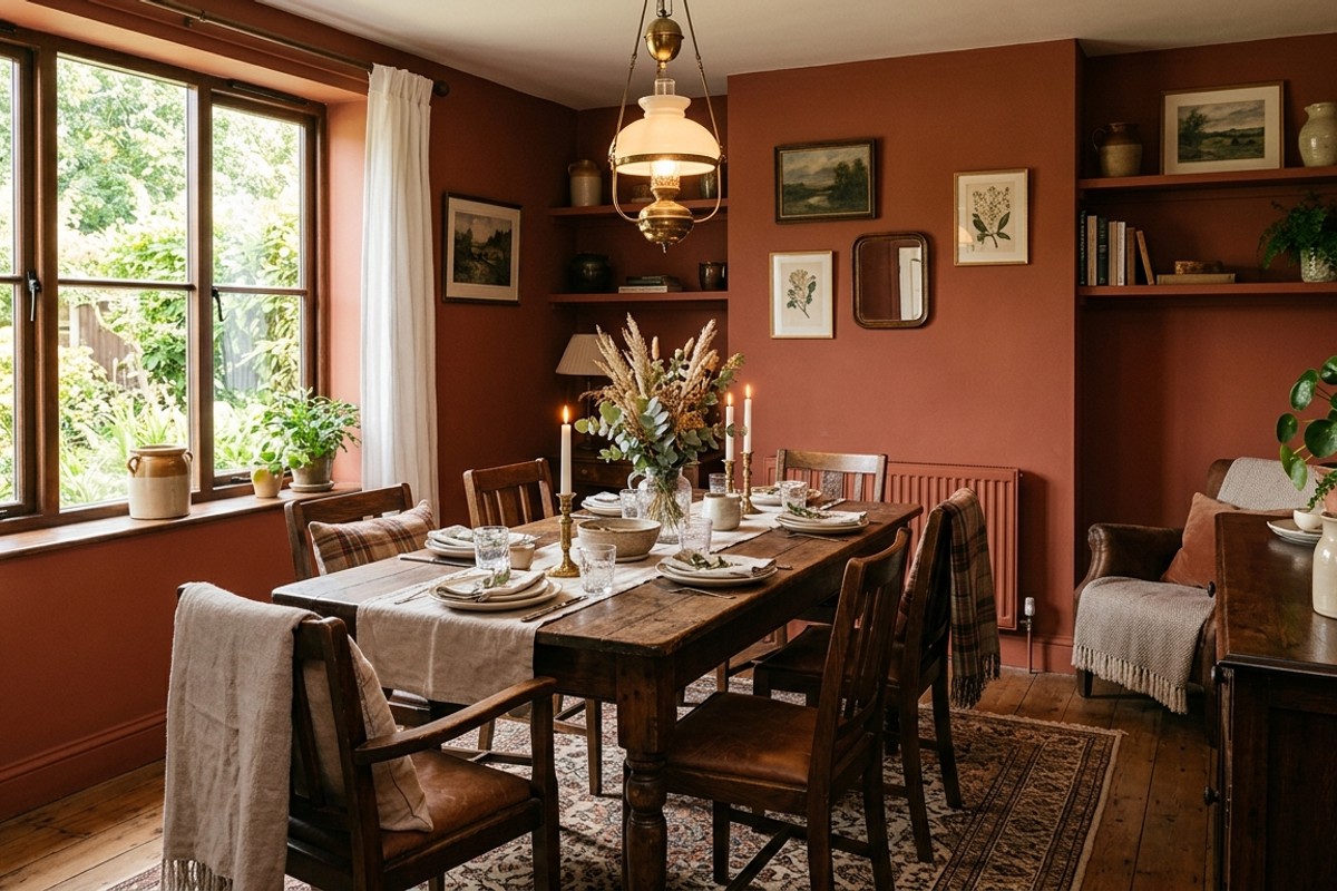 Dining room with warm terracotta walls in a matte finish, creating a cozy atmosphere.