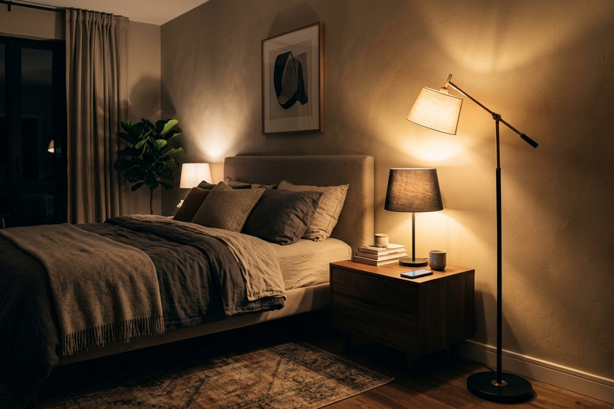 Warm, layered bedroom lighting featuring a bedside lamp with a dimmer and a chic floor lamp in a sophisticated setting.