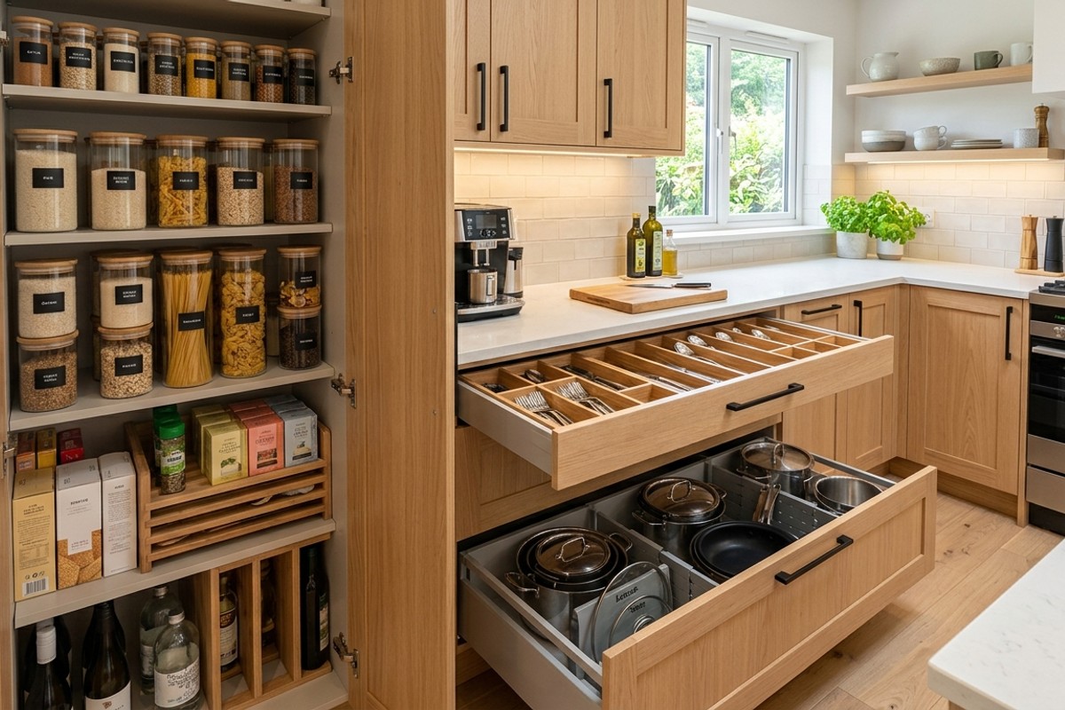 Open pull-out pantry and deep kitchen drawers with custom organizers for smart storage solutions.