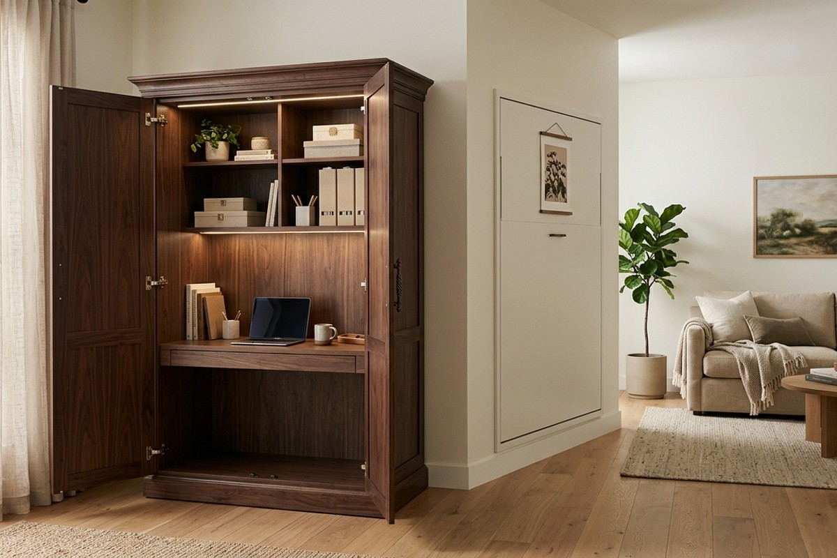 Hidden home office inside a decorative armoire and a sleek Murphy desk folded against a wall in a living room.