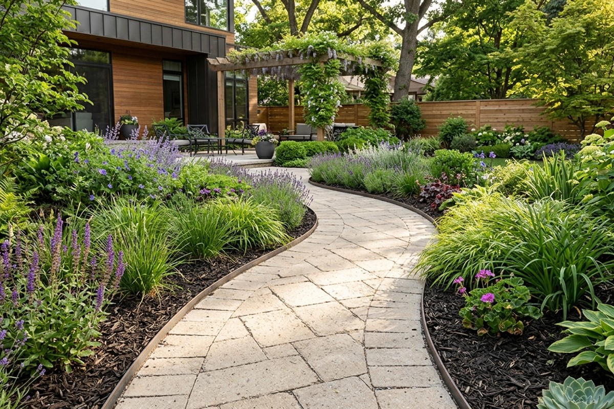 Backyard pathway made of elegant permeable pavers, minimizing lawn area and requiring little upkeep.