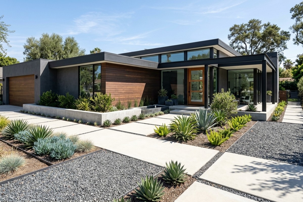 Minimalist landscaping with clean-edged geometric pathways around a modern home.