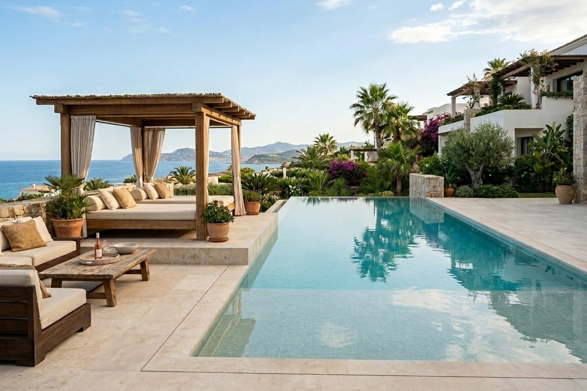 Resort-style pool area with defined lounging zones featuring sun loungers on a shelf, a shaded cabana with daybeds, and deep-set outdoor sofas.
