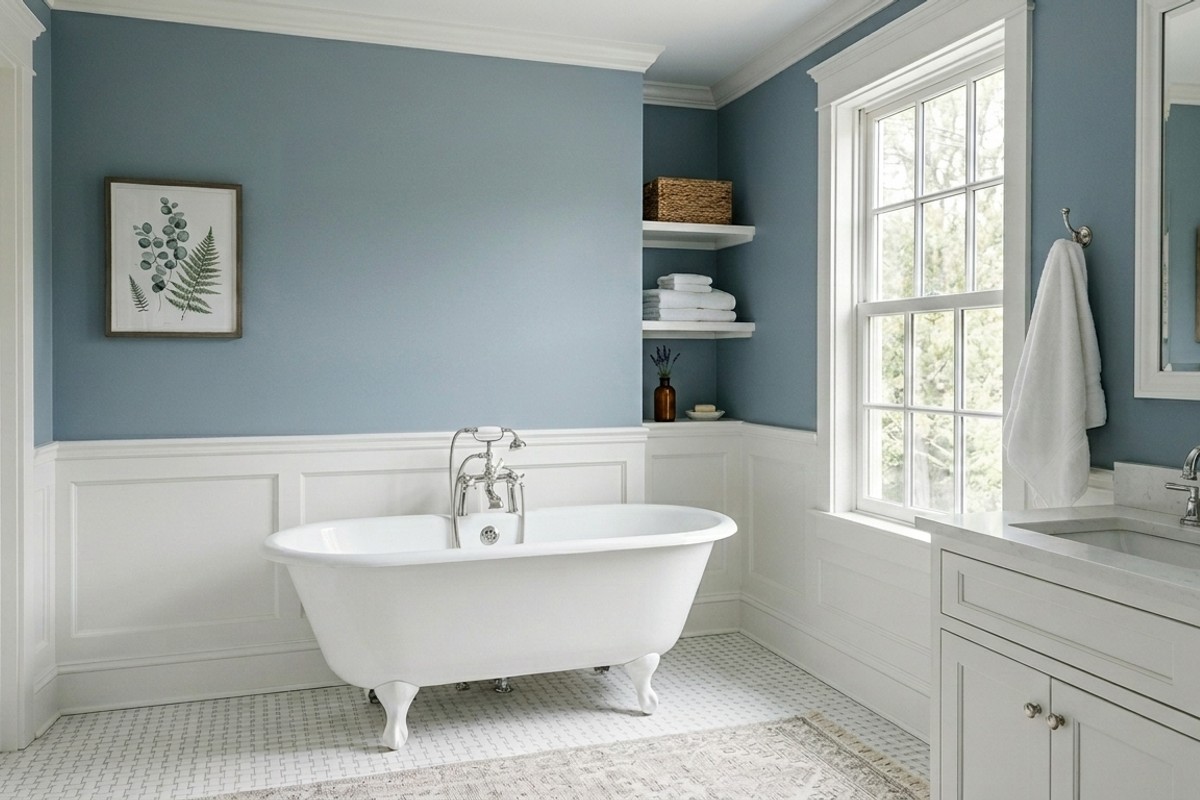 A tranquil bathroom with muted blue walls and crisp white trim, creating a serene and open atmosphere.