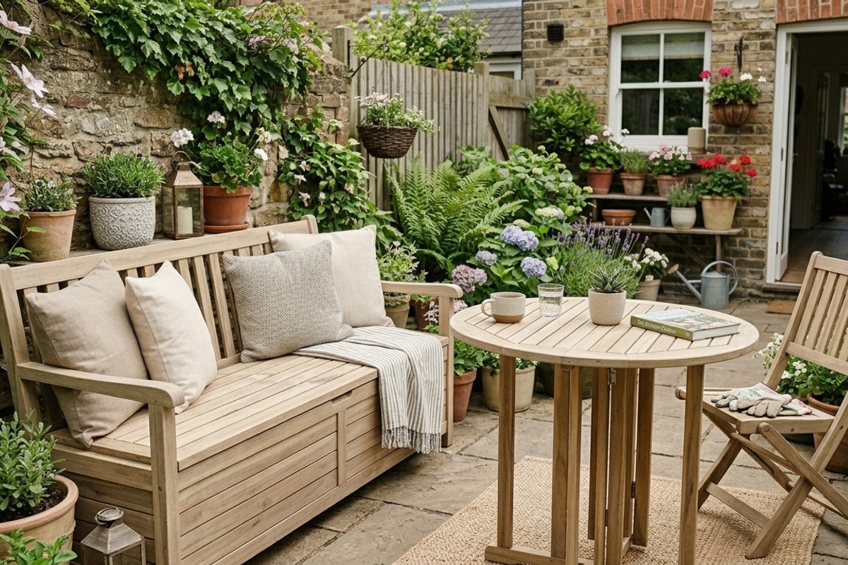 Multi-functional storage bench and expandable bistro table on a small patio.