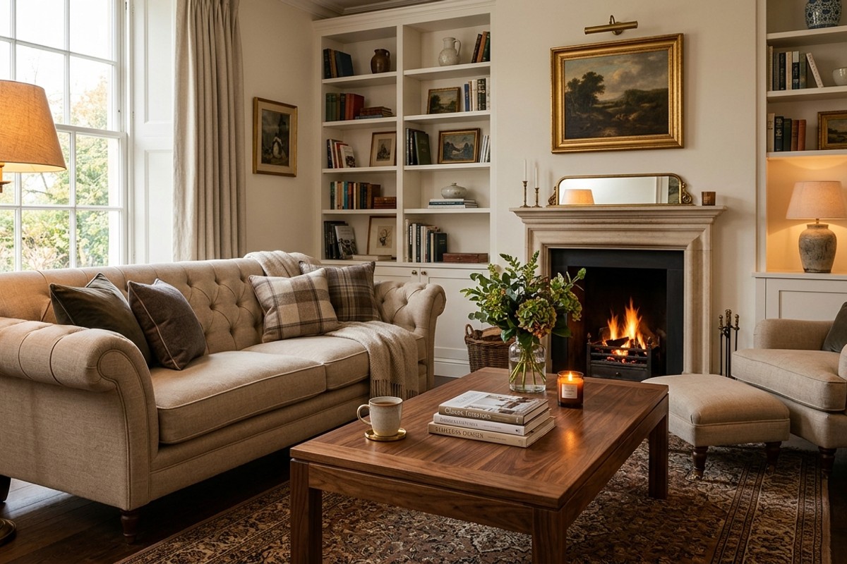 Sophisticated living room with high-quality, classic furniture like a tailored linen sofa and a solid wood coffee table.