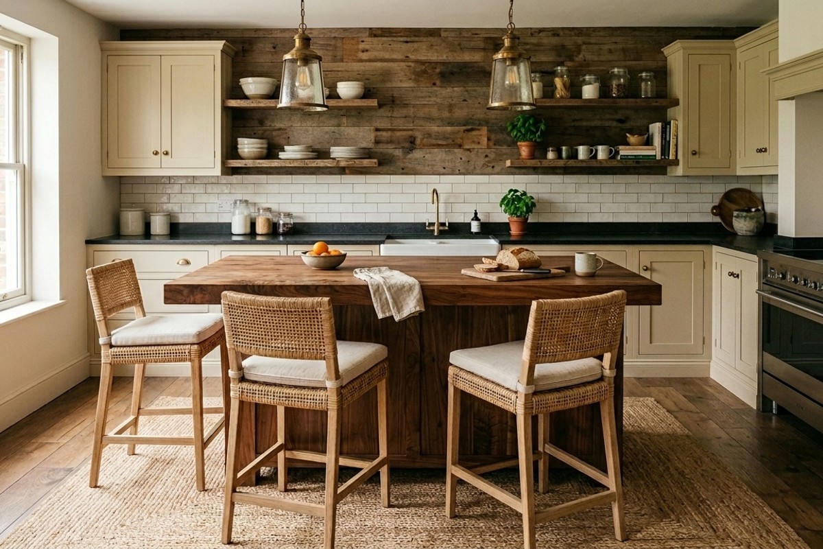 Warm kitchen with a rich walnut butcher block island, reclaimed wood accents, linen bar stools, and a jute rug.
