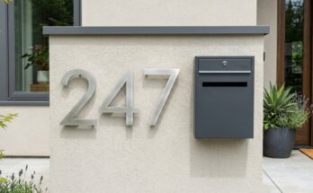 Modern oversized house numbers in brushed metal and a designer mailbox, enhancing a custom exterior facade.
