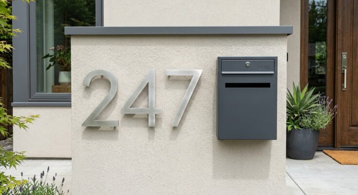 Modern oversized house numbers in brushed metal and a designer mailbox, enhancing a custom exterior facade.