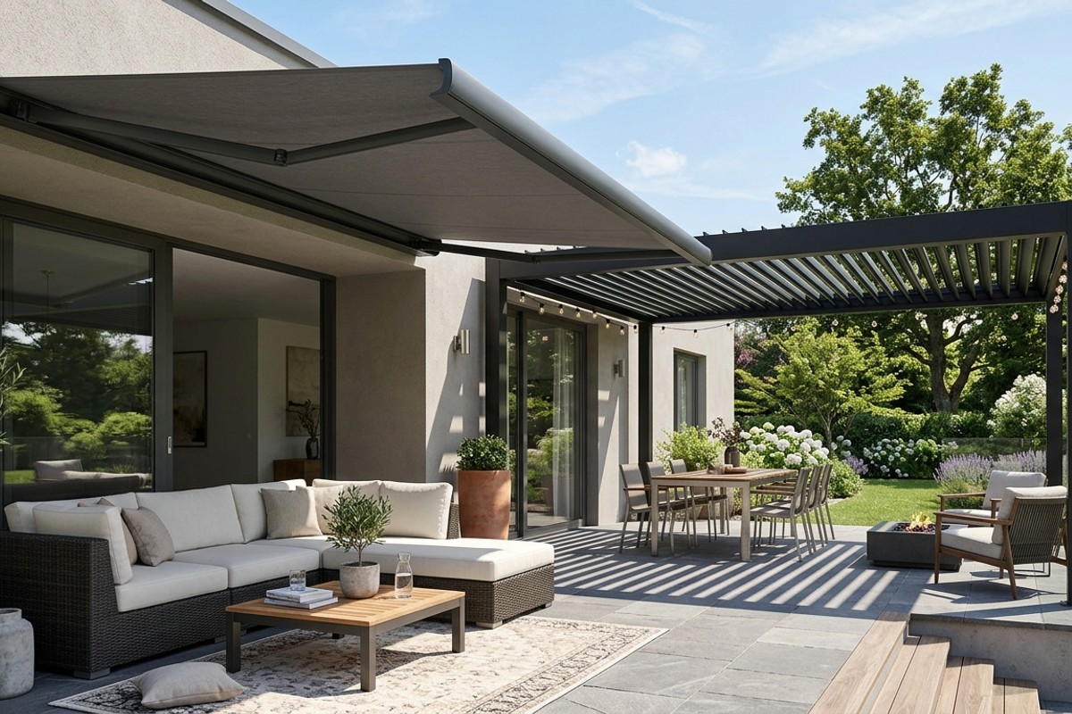 Patio with a modern retractable awning providing shade and weather protection.