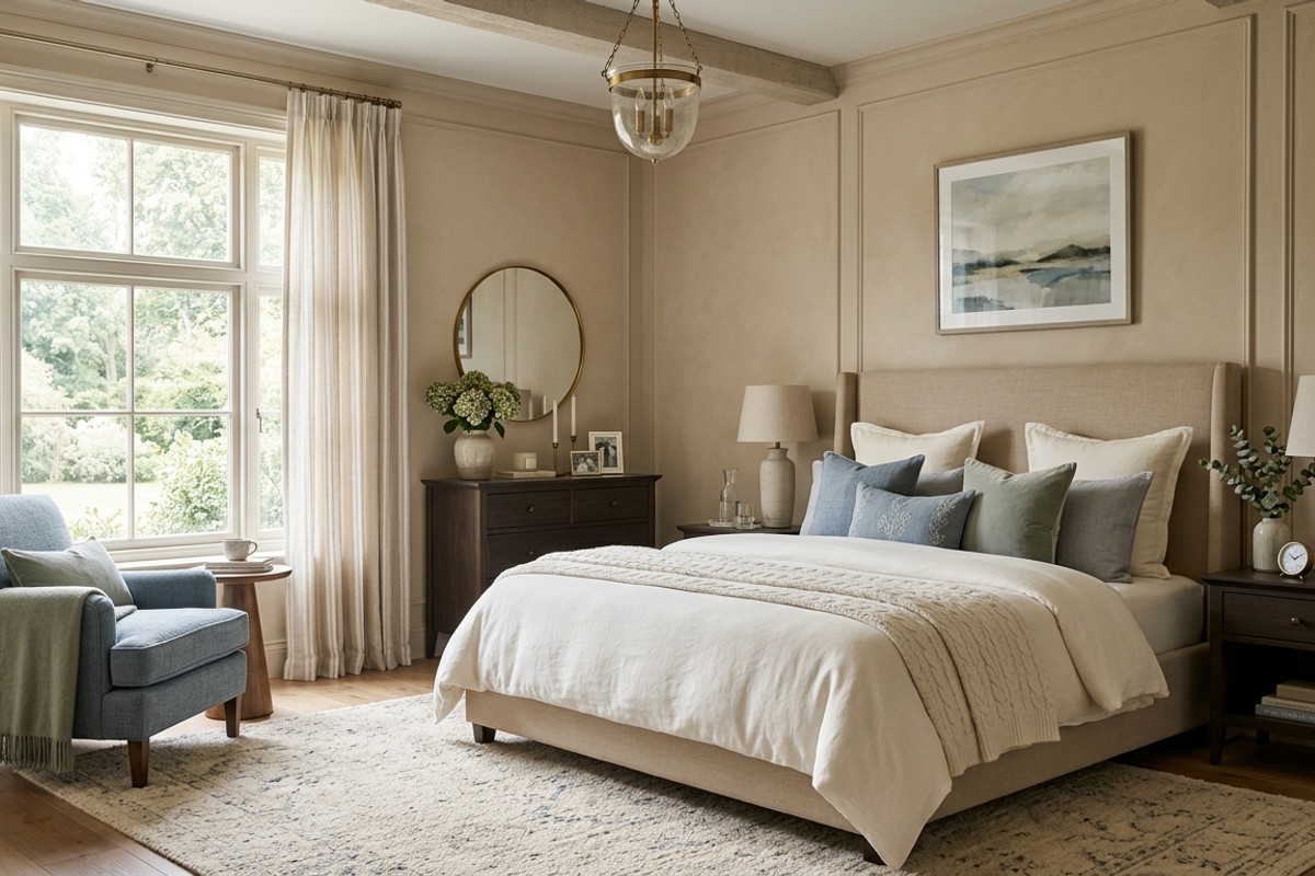 A serene luxury hotel bedroom design with a calming color palette of soft grays, warm beiges, and creamy whites.