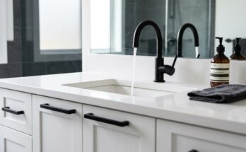 Modern bathroom vanity with matte black faucet and matching cabinet pulls