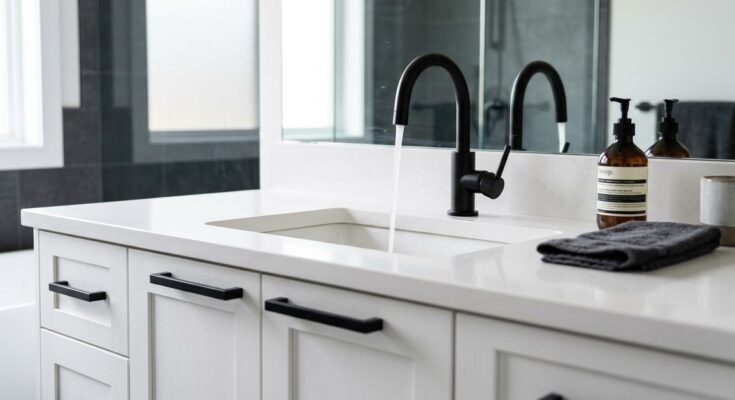 Modern bathroom vanity with matte black faucet and matching cabinet pulls