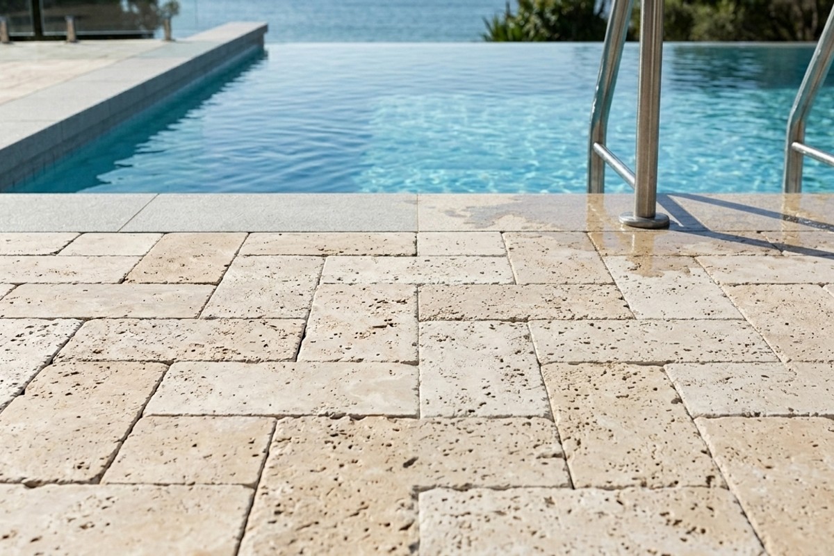 Close-up of tumbled travertine pavers and large-format porcelain tiles used for stylish pool decking