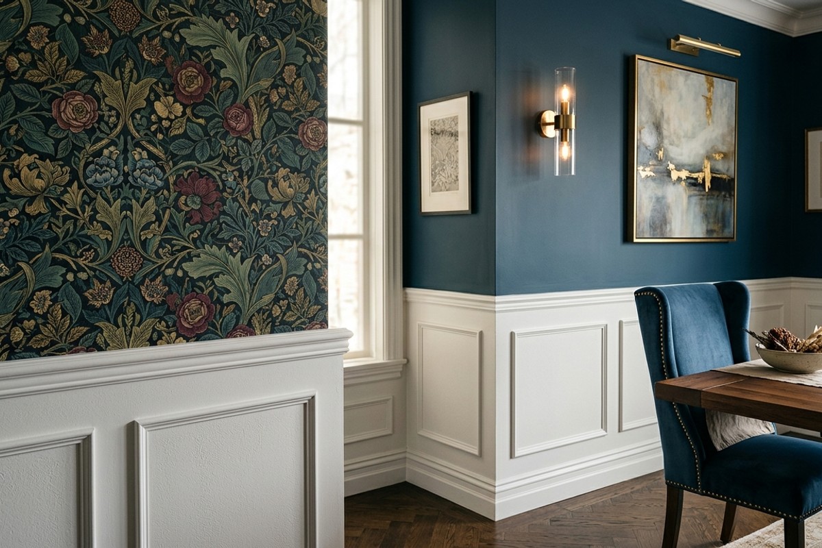 Dining room wall with elegant wainscoting and deep jewel-toned Hague Blue paint.
