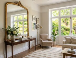 Large mirror strategically placed opposite a window in a living room, reflecting natural light and an outdoor scene to enhance spaciousness.