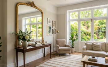Large mirror strategically placed opposite a window in a living room, reflecting natural light and an outdoor scene to enhance spaciousness.