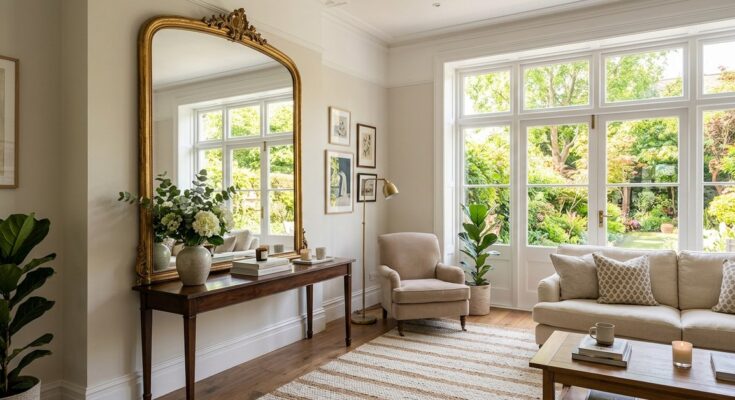 Large mirror strategically placed opposite a window in a living room, reflecting natural light and an outdoor scene to enhance spaciousness.