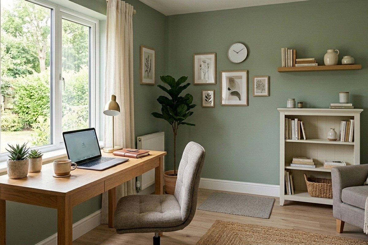 Serene home office with walls painted in a soft sage green, complemented by creamy off-white and warm gray accents, promoting relaxation.