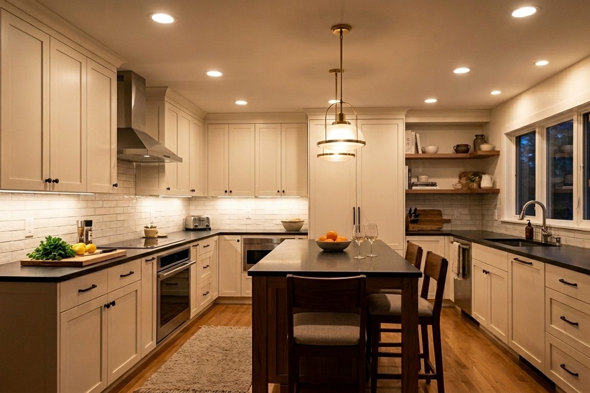 Modern kitchen showing layered lighting with recessed lights, under-cabinet lighting, and island pendant