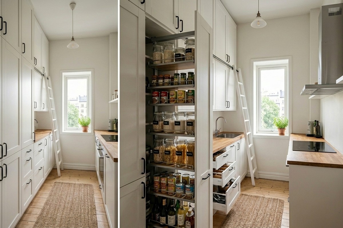 Small kitchen with floor-to-ceiling white cabinetry and tall pantry units for vertical storage.