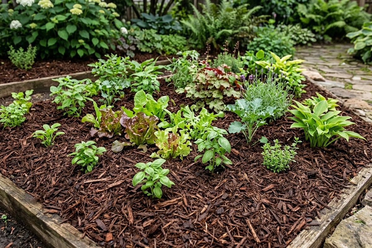 Garden bed covered with a thick layer of organic shredded bark mulch to suppress weeds and retain moisture.
