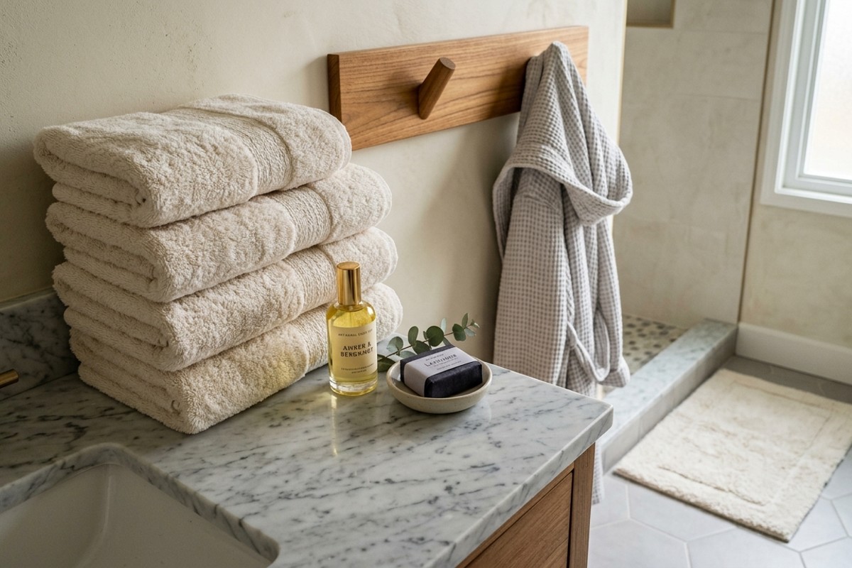 Luxury bathroom featuring plush Turkish cotton towels, a soft bath mat, and Carrara marble surfaces.