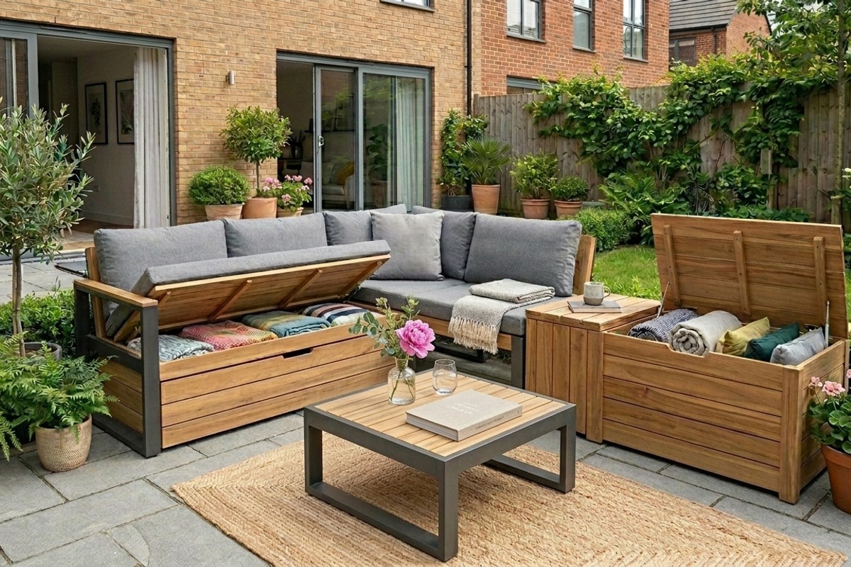 Patio with hidden storage solutions, including an outdoor bench with built-in compartments and a stylish storage chest