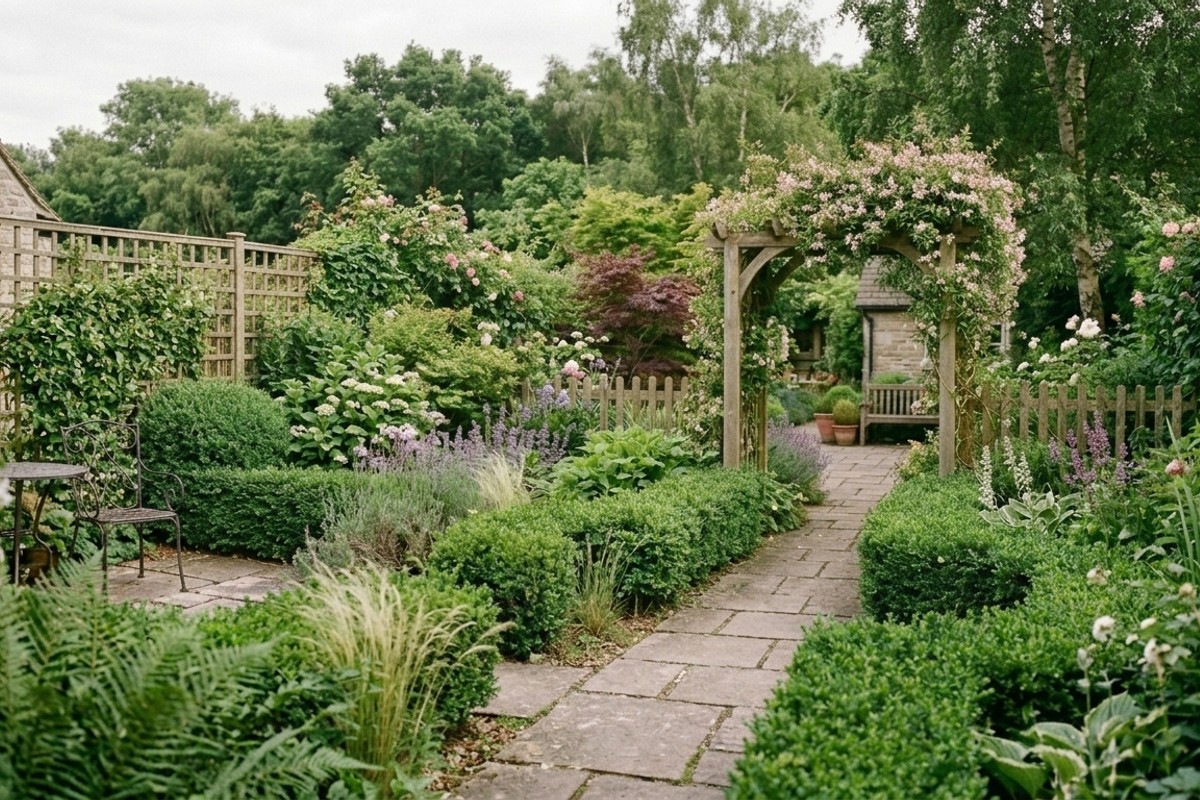 Lush, layered planting in a peaceful backyard featuring evergreen shrubs, climbing jasmine vines, and soft ornamental grasses.