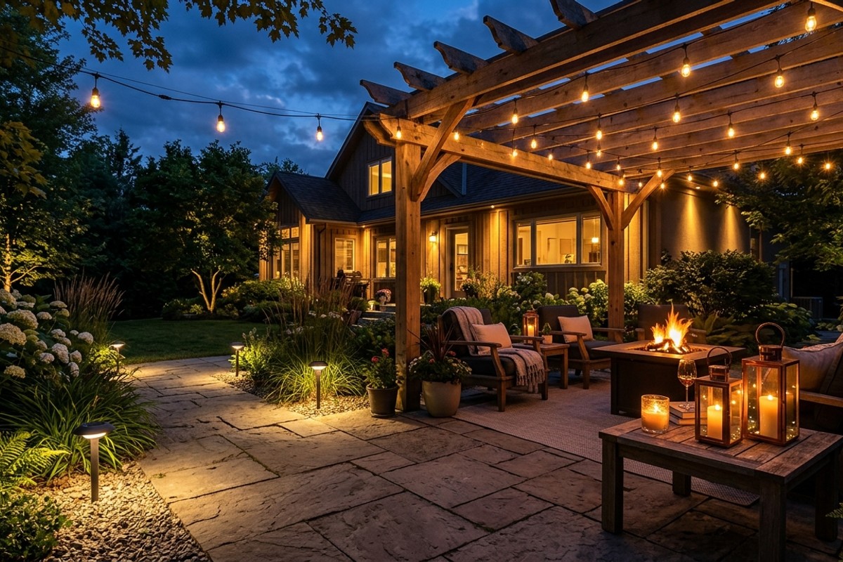 Patio at dusk illuminated with overhead string lights, solar pathway lights, and dimmable lanterns.