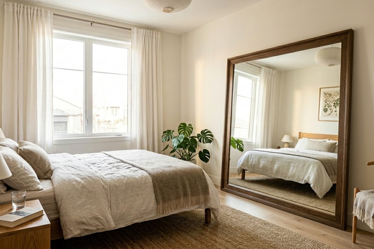 Large mirror reflecting light and expanding the visual space in a small, bright bedroom.
