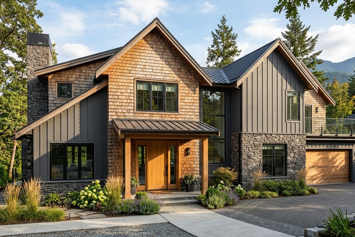 Home exterior featuring varied textures: natural cedar shingles, board-and-batten siding, and a stone veneer accent wall.