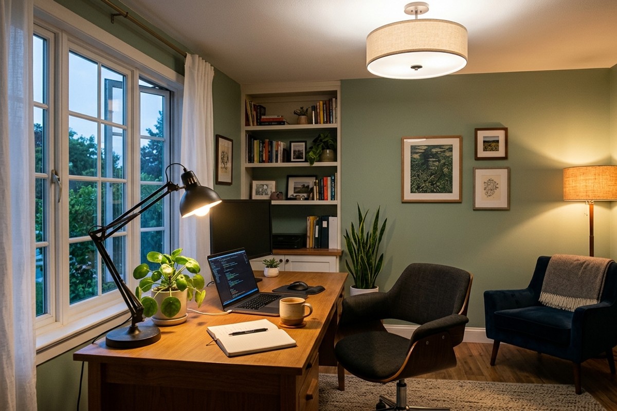 Layered home office lighting with natural light, an overhead fixture, a task lamp, and an accent lamp.