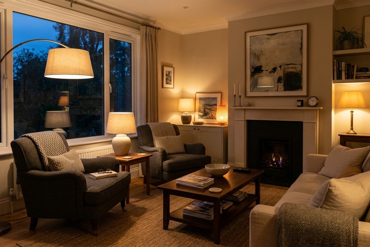 Serene living room with layered lighting from dimmable floor and table lamps, casting a warm glow.