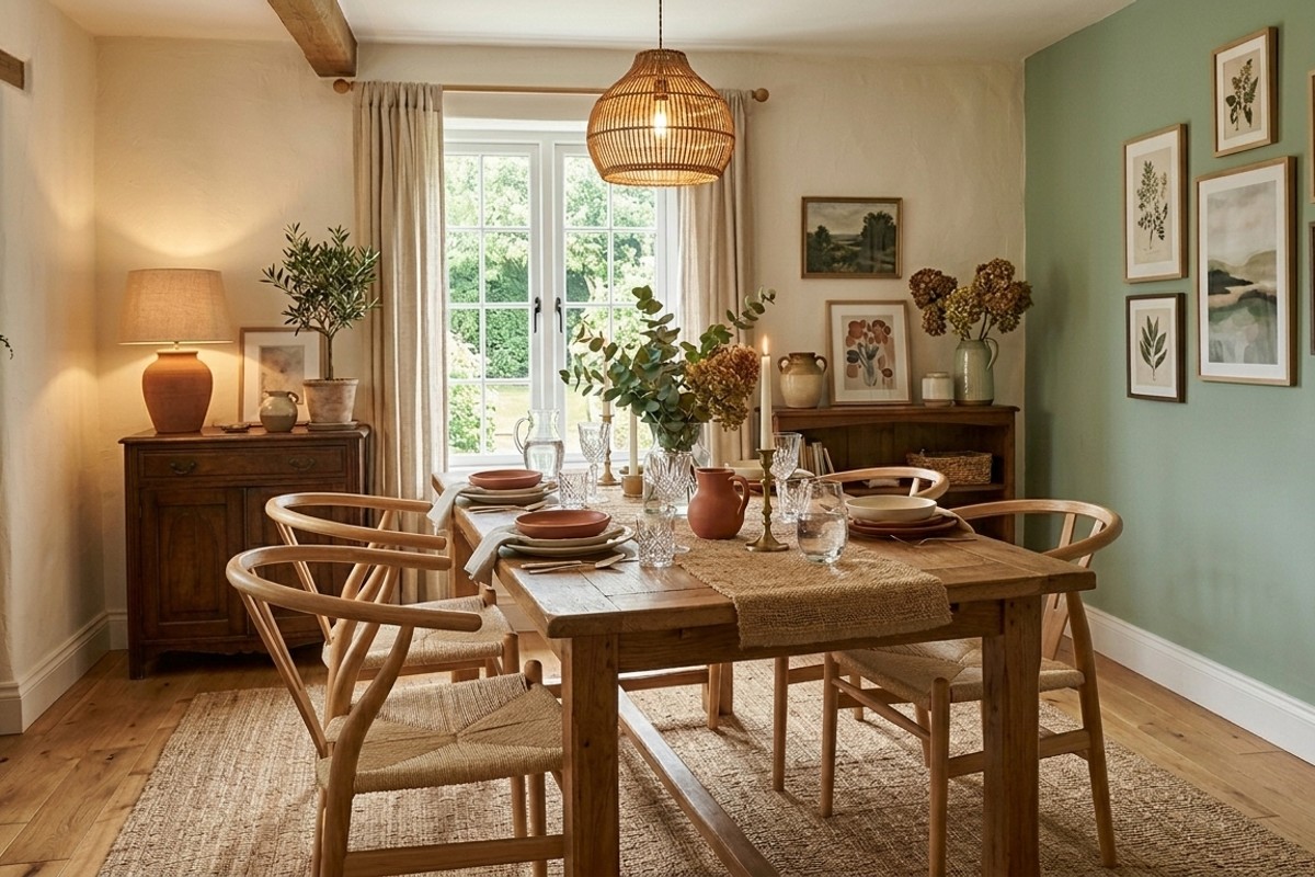 Dining room featuring a warm color palette with sage green walls, terracotta accents, and warm neutral hues for coziness.