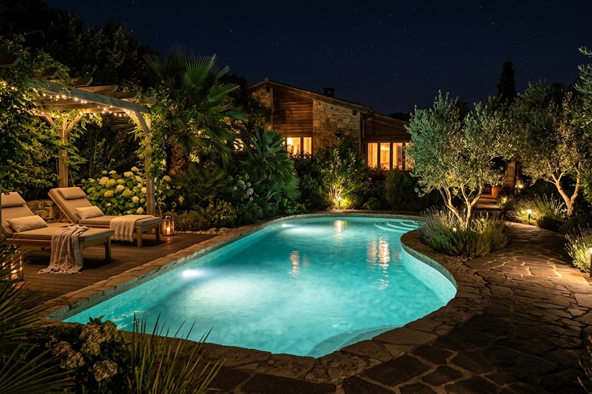 Pool area at night with soft ambient LED and underwater lighting