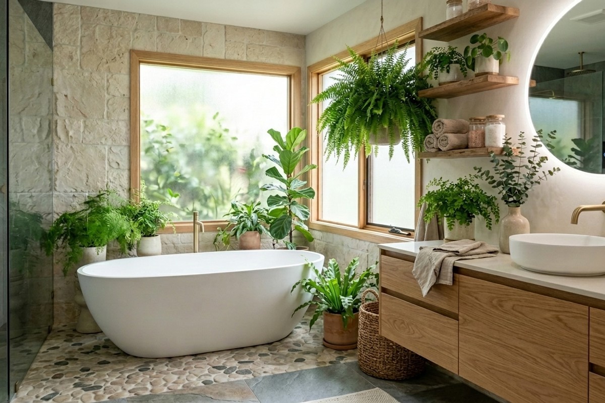 Bathroom featuring natural elements like lush green plants and warm wood accents for tranquility.