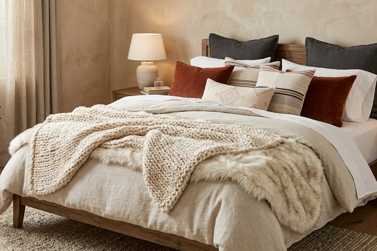 Cozy bed layered with luxurious textiles, including chunky knit throws, faux fur, and velvet pillows.