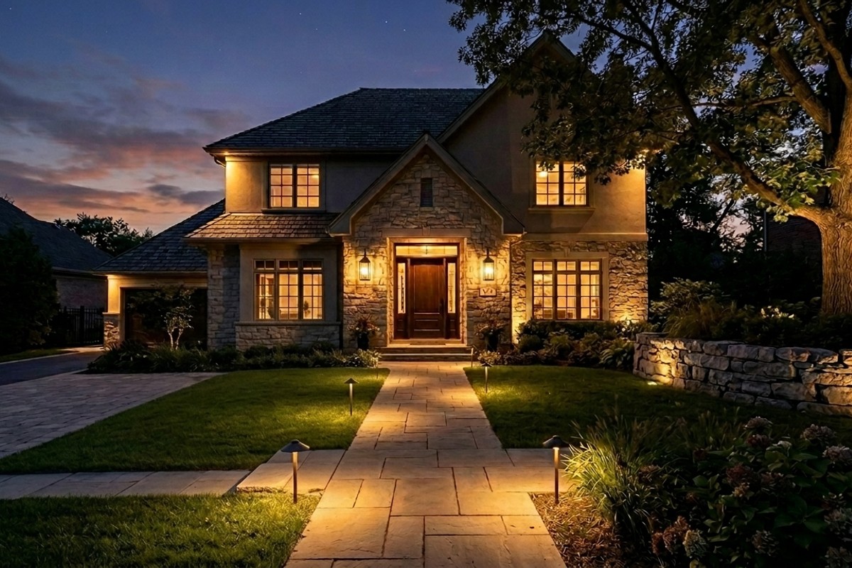 Home exterior at dusk with warm LED sconces, pathway lights, and uplights on trees and walls.